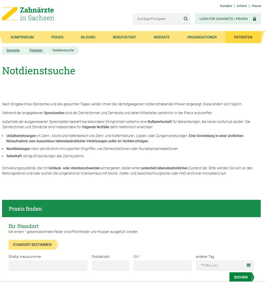 Auf der Webseite von Zahnärzte in Sachsen finden Sie den Zahnarzt Notdienst in Ihrer Nähe
