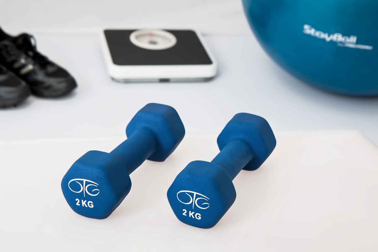 Zwei blaue Hanteln, eine Waage und ein Gymnastikball – Symbolbild für Gesundheitsförderung und Bewegung im Rahmen des betrieblichen Gesundheitsmanagements in Leipzig.