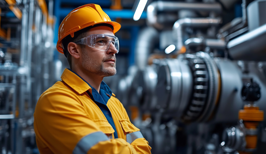 Arbeiter mit Helm und Schutzbrille vor Maschinen – Berufsunfähigkeitsversicherung für Industrie in Leipzig