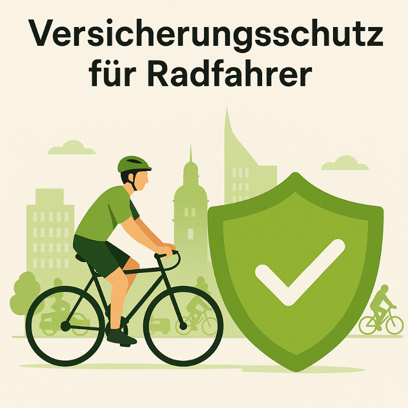 Illustration eines Radfahrers mit Helm, der durch eine grüne Stadtlandschaft fährt. Daneben ist ein großes grünes Schild mit einem Häkchen abgebildet – Symbol für Sicherheit. Der Text „Versicherungsschutz für Radfahrer“ steht darüber. Die Versicherungsexperten von Finanzkompass Leipzig bieten passenden Schutz für Radfahrer – von Haftpflicht bis Diebstahlschutz.
