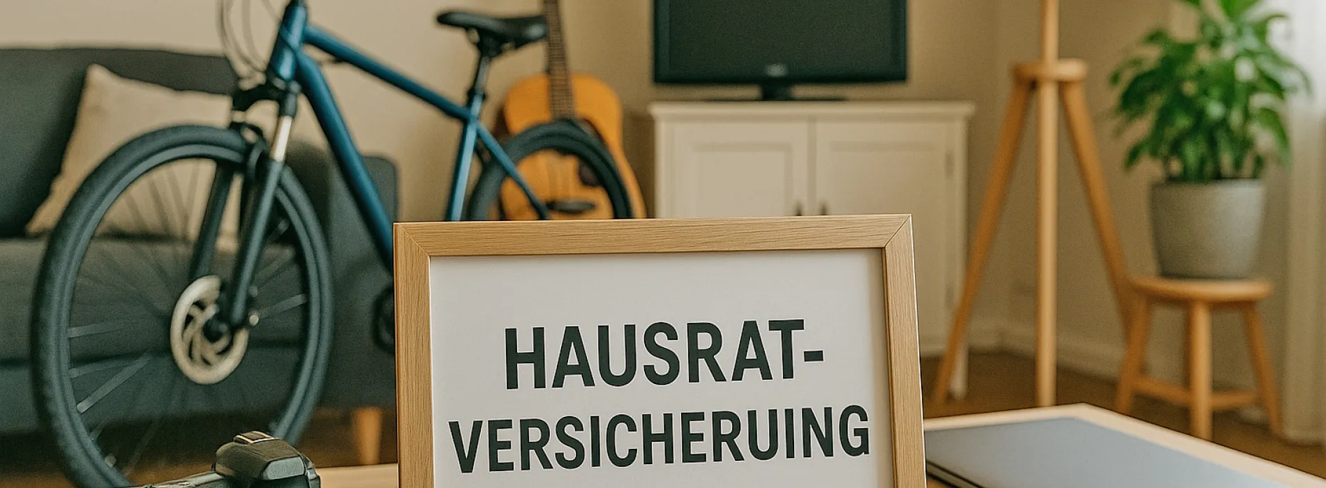 Wohnzimmertisch mit Kamera, Schlüssel und Schild „Hausratversicherung“ – Sicherheit für Hausrat in Leipzig