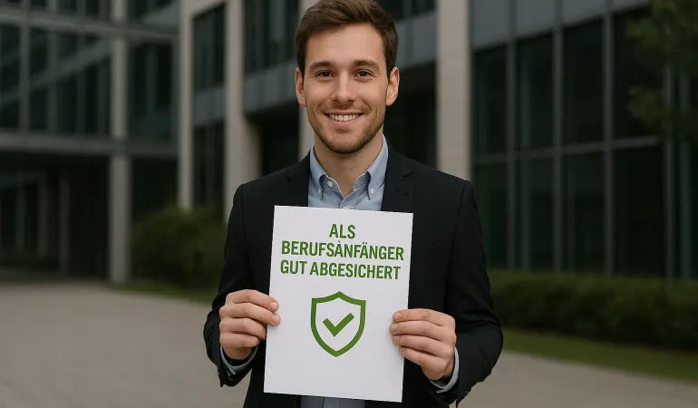 Ein junger Mann im Anzug steht vor einem modernen Bürogebäude in Leipzig und hält ein Schild mit der Aufschrift „Als Berufsanfänger gut abgesichert“ – symbolisches Bild für den Einstieg ins Berufsleben mit Unterstützung durch einen Versicherungsexperten in Leipzig.
