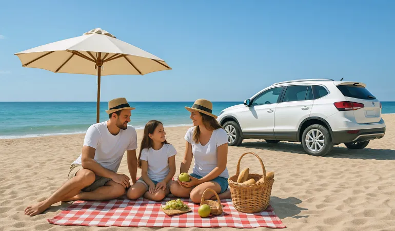 Drei Personen – Mutter, Vater und Tochter – sitzen mittags bei strahlendem Sonnenschein auf einer karierten Picknickdecke am Sandstrand. Im Hintergrund steht ein weißes SUV, das mit einer Vollkasko-Reise-Kfz-Versicherung geschützt ist. Die Familie genießt Obst und Baguette unter einem großen Sonnenschirm, während das Meer sanft im Hintergrund rauscht.