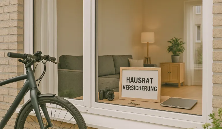 Blick durch das Fenster in eine moderne Wohnung mit Schild „Hausratversicherung“, Kamera, Laptop und Fahrrad – Hausratversicherung Leipzig