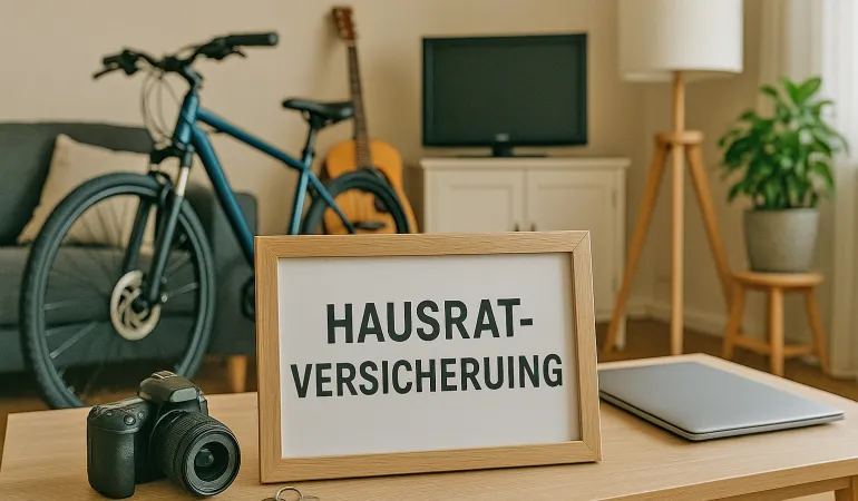Wohnzimmertisch mit Kamera, Schlüssel und Schild „Hausratversicherung“ – Sicherheit für Hausrat in Leipzig