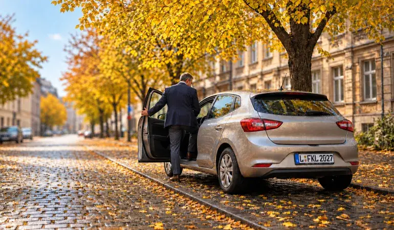Silbernes Auto an einer herbstlichen Straße mit Altbauten.