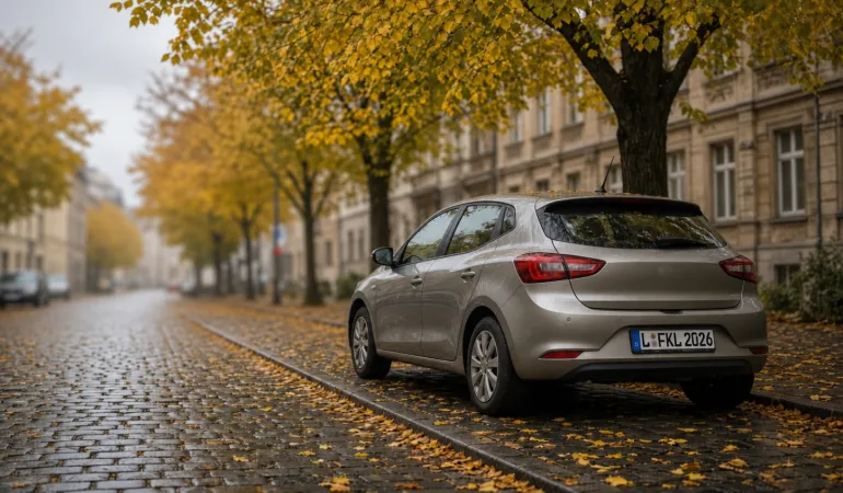 Silbernes Auto an einer herbstlichen Straße mit Altbauten.