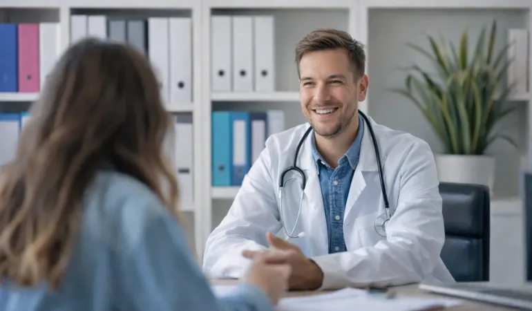Arzt im Patientengespräch in einer modernen Praxis – Symbolbild für günstige Krankenkasse 2026