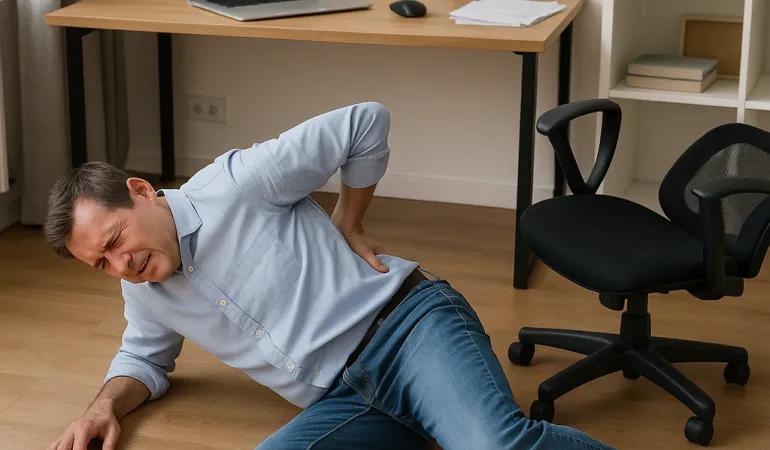 Ein Mann liegt mit schmerzverzerrtem Gesicht auf dem Boden seines Homeoffice in Leipzig, offenbar nach einem Sturz vom Bürostuhl – Symbolbild für Unfallversicherung im Homeoffice und einen Unfall am Heimarbeitsplatz und den damit verbundenen Versicherungsschutz durch eine Unfallversicherung.