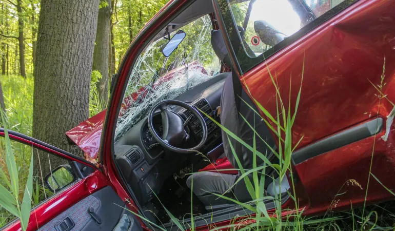  Rotes Auto mit starkem Unfallschaden gegen Baum im Wald – Symbolbild für die Notwendigkeit einer privaten Unfallversicherung in Leipzig.