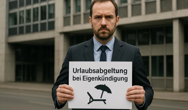 Ein Mann steht ernst vor einem Verwaltungsgebäude in Leipzig und hält ein Schild mit der Aufschrift „Urlaubsabgeltung bei Eigenkündigung“ sowie einem Symbol aus Liegestuhl und Sonnenschirm – symbolisches Bild für arbeitsrechtliche Regelungen und den Versicherungsschutz bei Eigenkündigung.